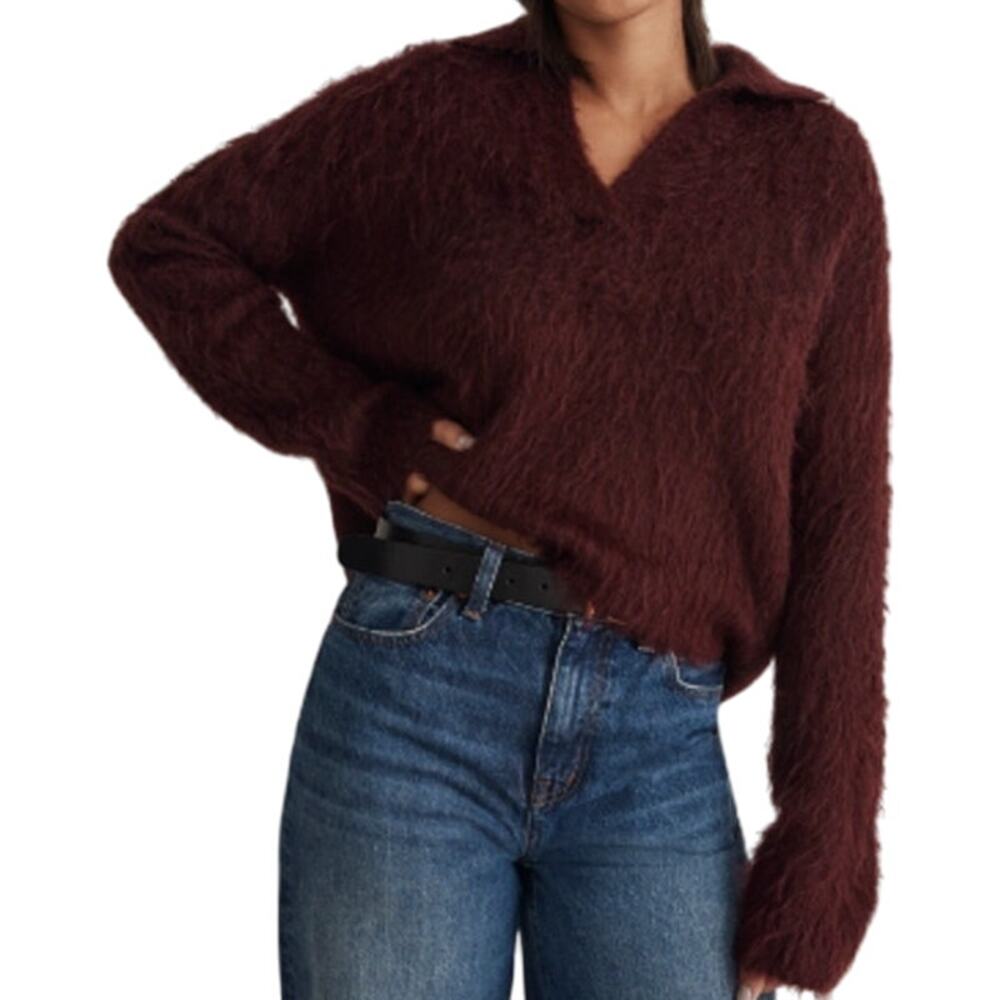 Madewell Brushed Polo Sweater Wool Fuzzy Eyelash Knit Oversized Collared Red XS